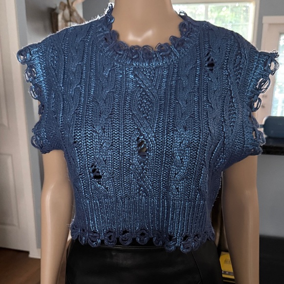 Zara Tops - Zara Navy Blue Metallic Crochet Fringe Top (size small)